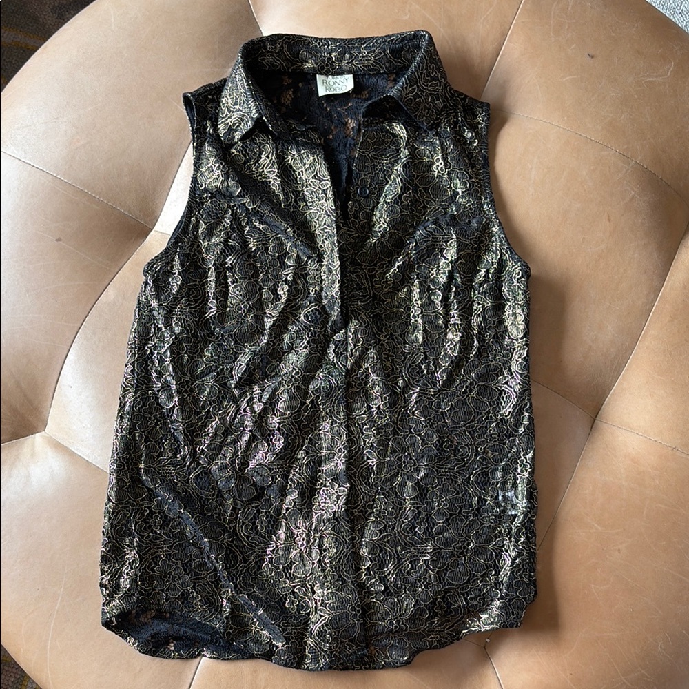 Torn by Ronny Kobo Black and gold lace Embellished Sleeveless Top